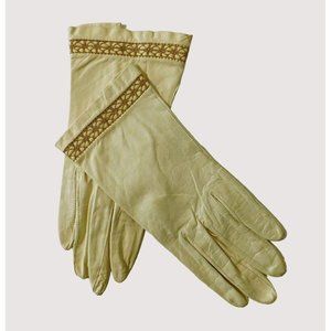 Vintage Leather Gloves Small Cream Gold Stitching Trim Theatre Wedding Parties